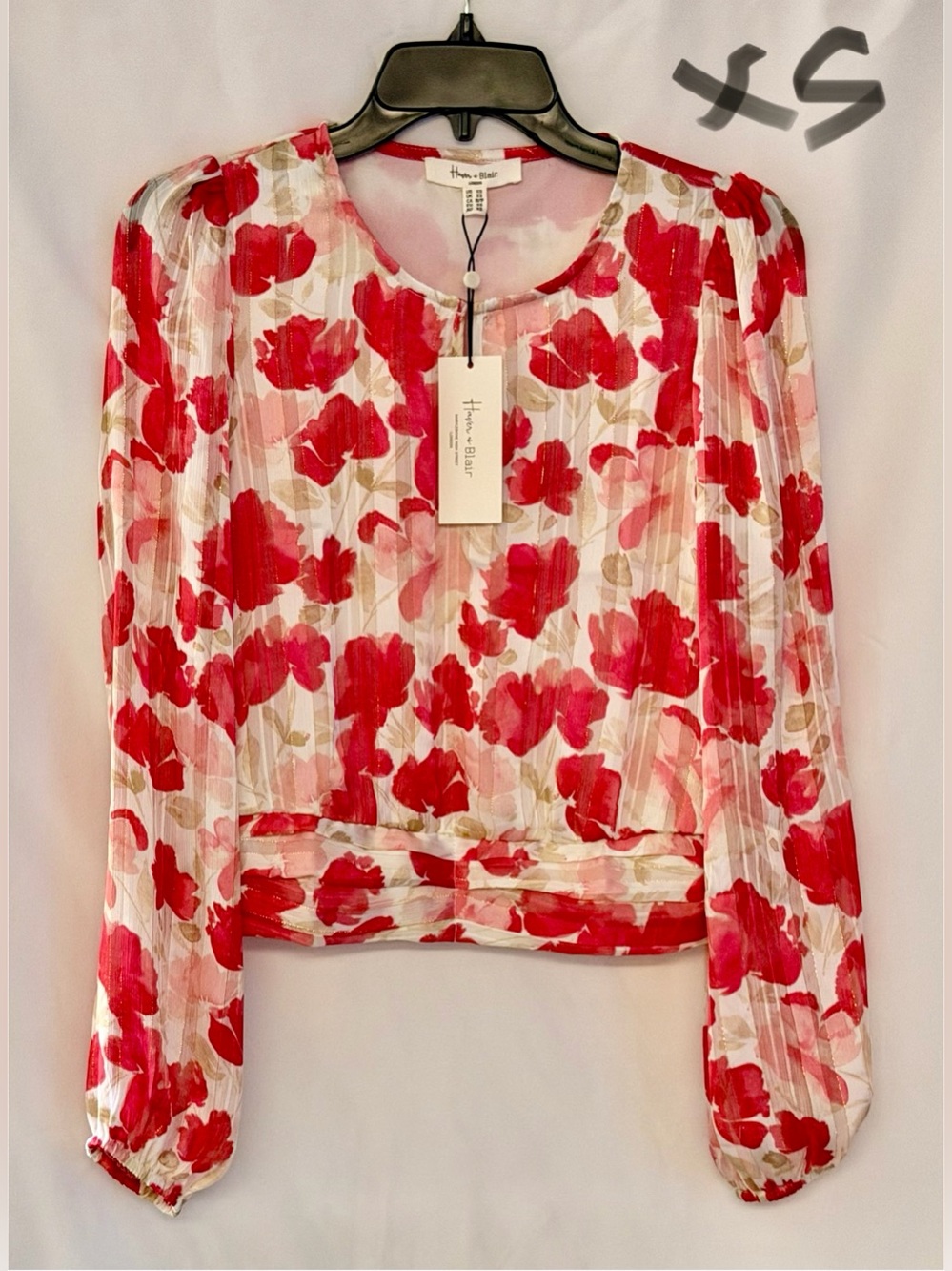 Hanna Andersson Red Floral Pleated Long-Sleeve Blouse